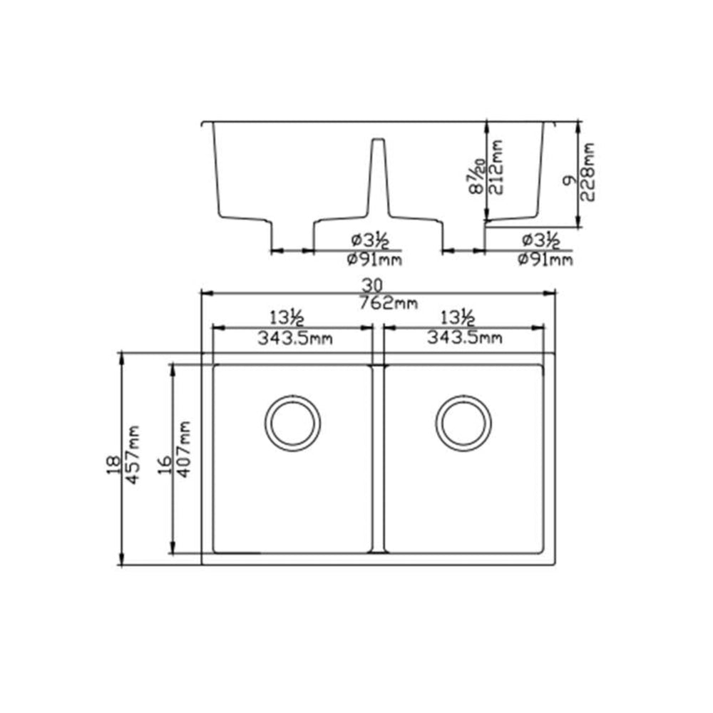 POSEIDON QUARTZ DOUBLE BOWL TOP / UNDERMOUNT KITCHEN SINK MATTE BLACK 762MM