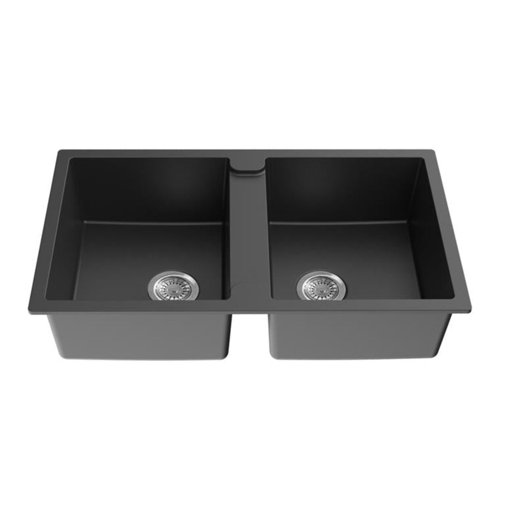 POSEIDON QUARTZ DOUBLE BOWL KITCHEN SINK MATTE BLACK 860MM