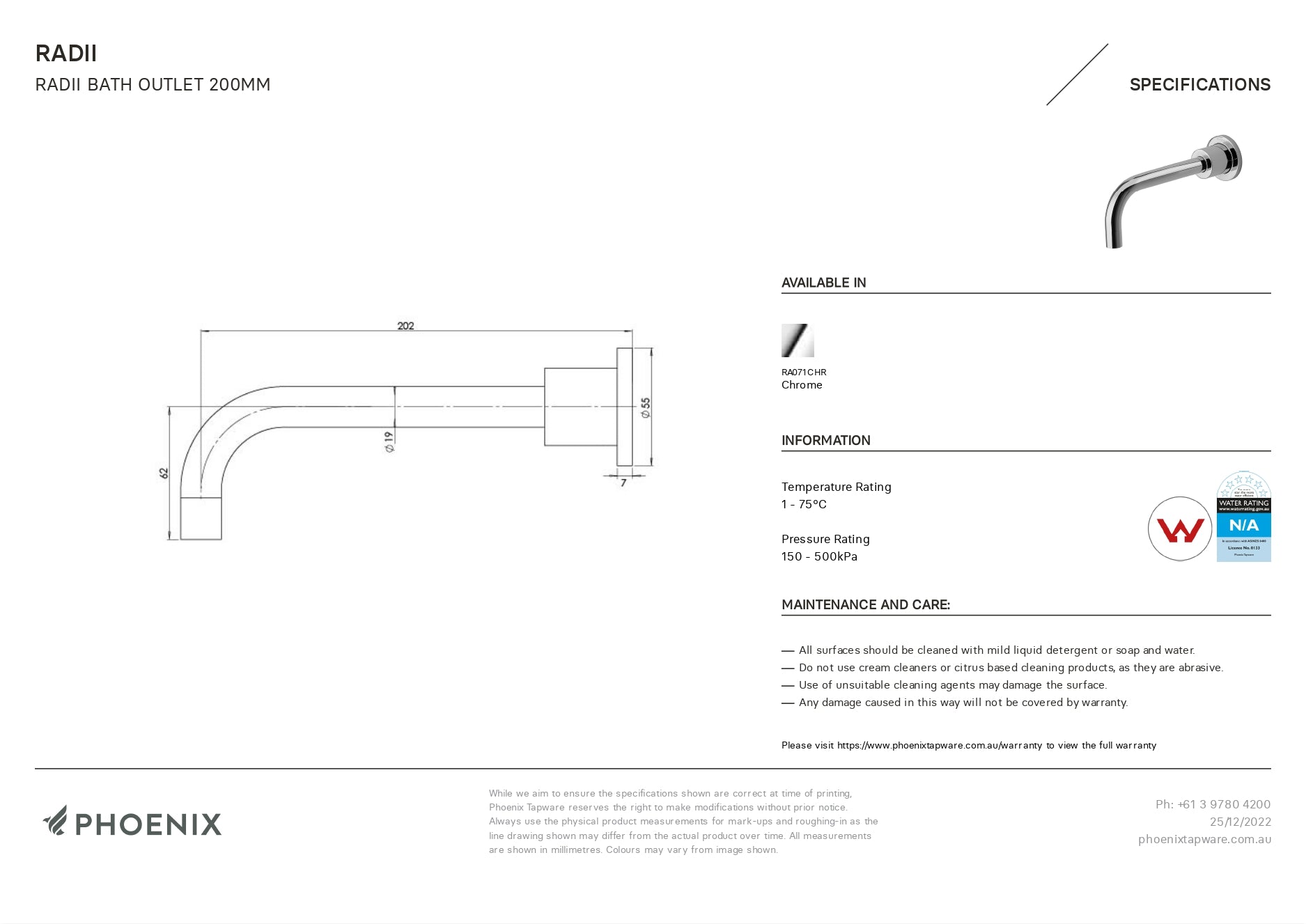 PHOENIX RADII BATH OUTLET 200MM CHROME