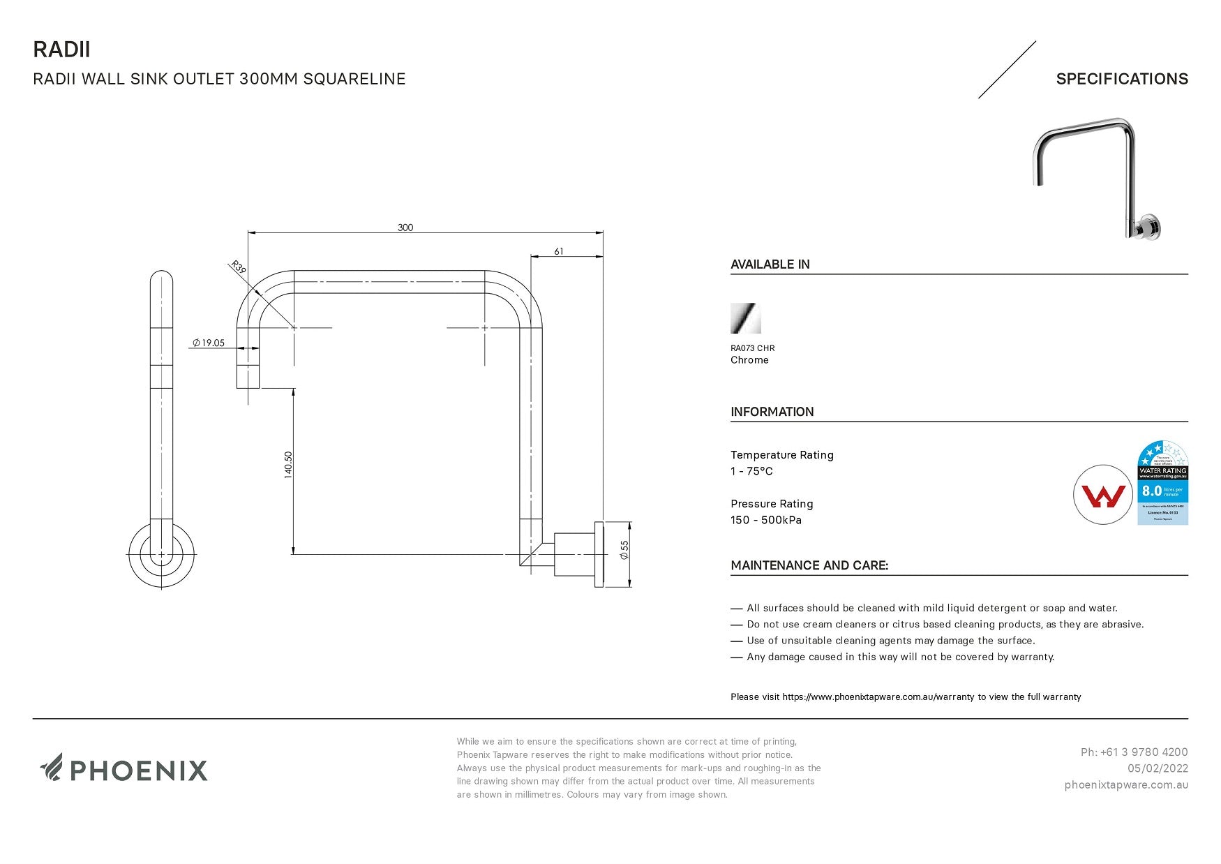 PHOENIX RADII WALL SINK OUTLET 300MM CHROME