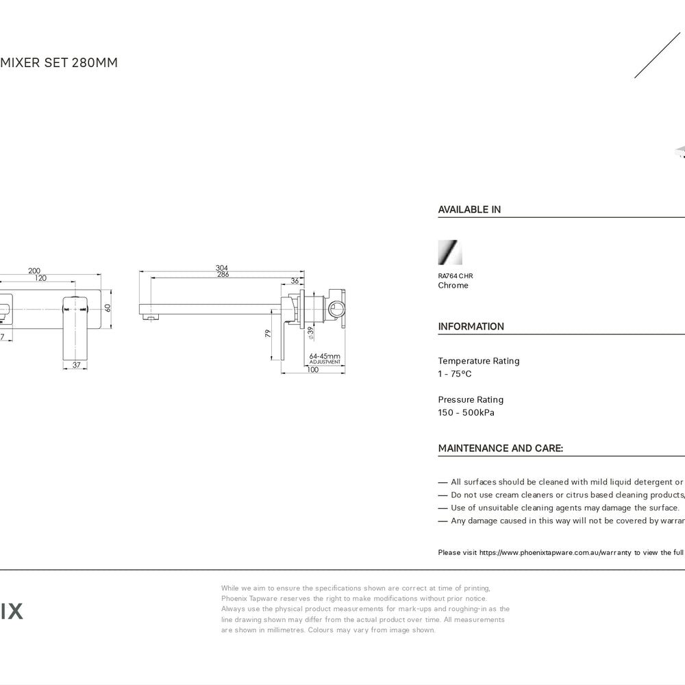 PHOENIX RADII WALL BATH MIXER SET 286MM CHROME