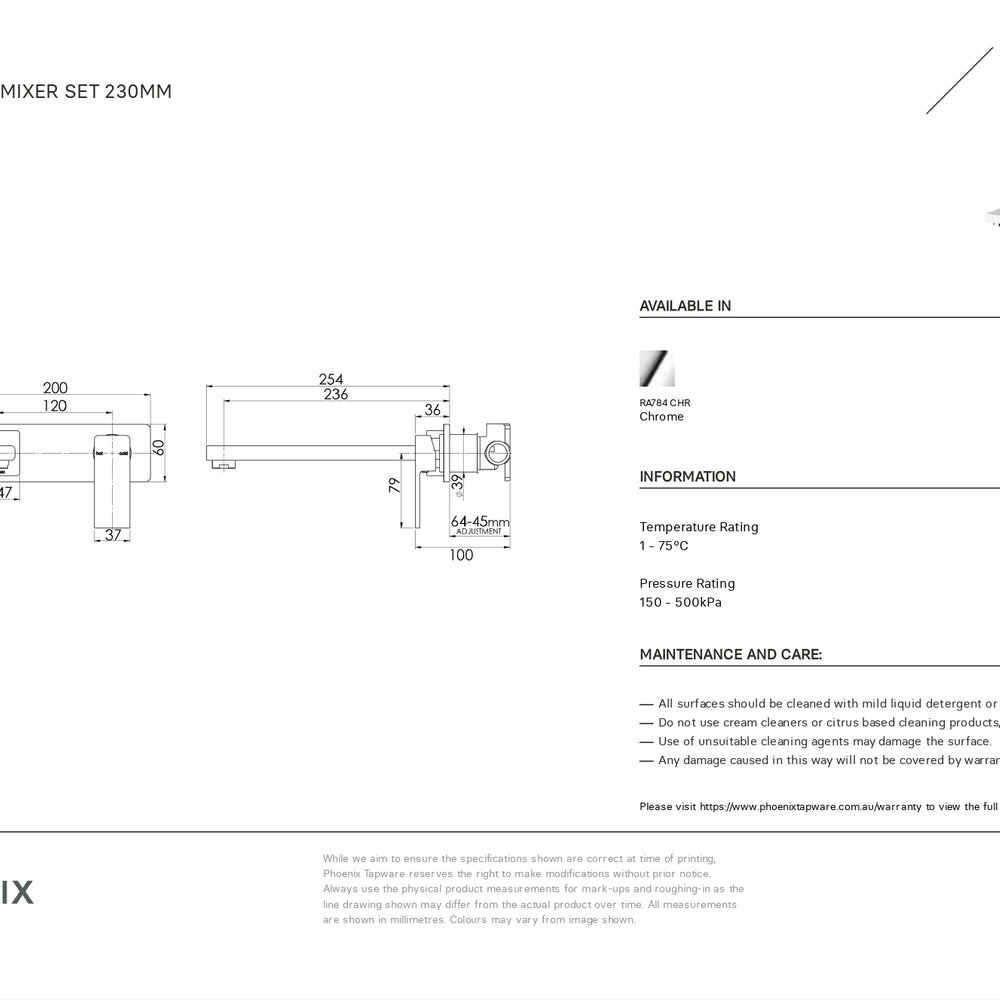 PHOENIX RADII WALL BATH MIXER SET 200MM CHROME