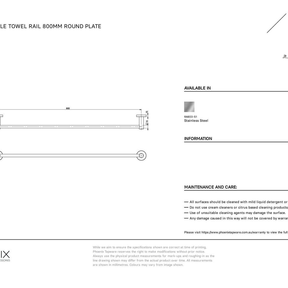 PHOENIX RADII SS 316 SINGLE NON-HEATED TOWEL RAIL ROUND PLATE STAINLESS STEEL 800MM