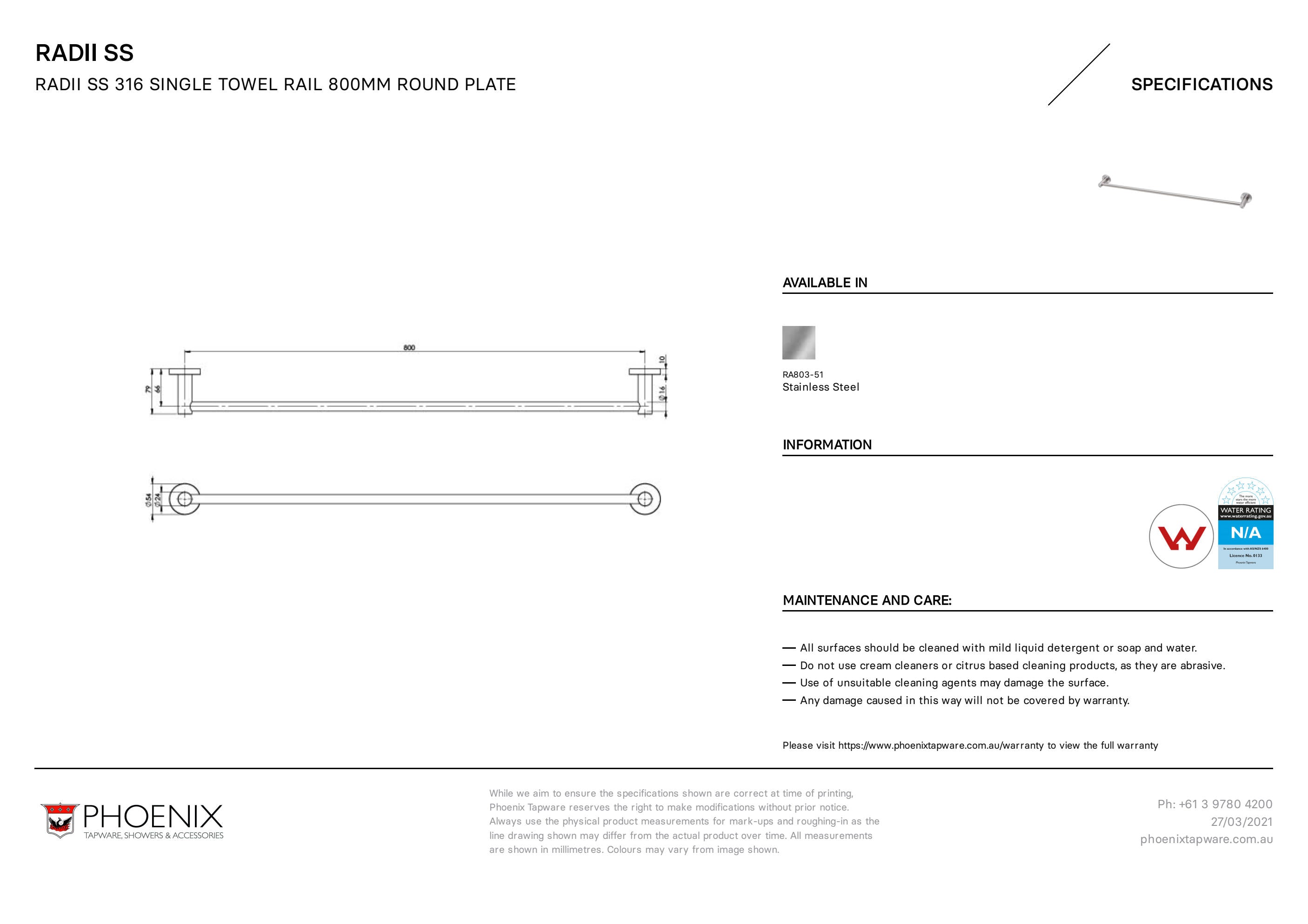PHOENIX RADII SS 316 SINGLE NON-HEATED TOWEL RAIL ROUND PLATE STAINLESS STEEL 800MM