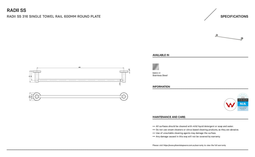 PHOENIX RADII SS 316 SINGLE NON-HEATED TOWEL RAIL ROUND PLATE STAINLESS STEEL 600MM