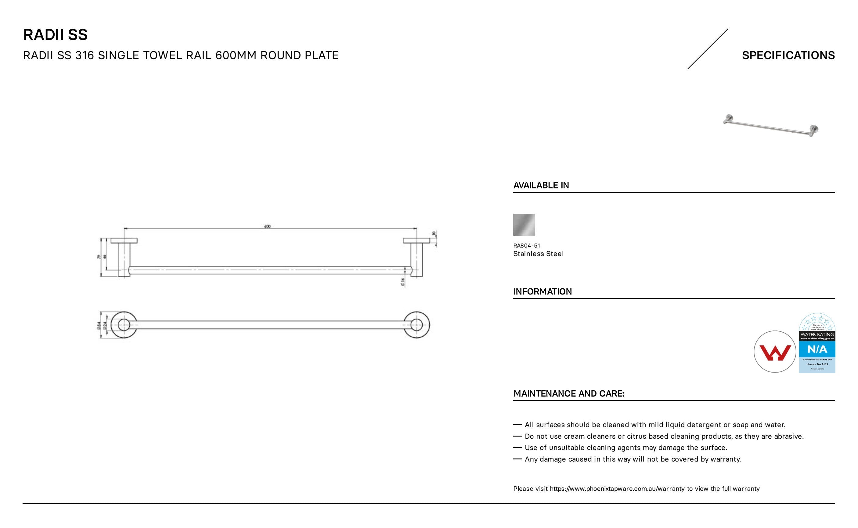 PHOENIX RADII SS 316 SINGLE NON-HEATED TOWEL RAIL ROUND PLATE STAINLESS STEEL 600MM