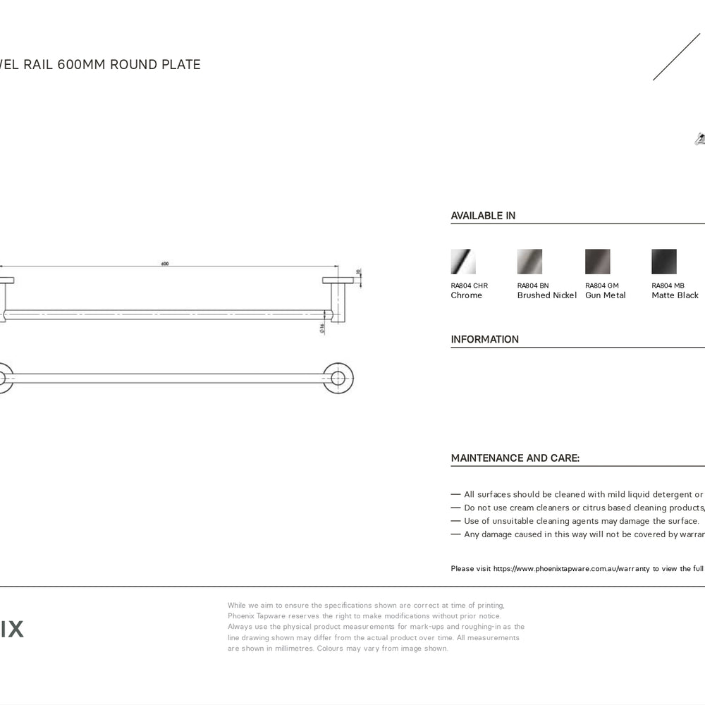 PHOENIX RADII SINGLE NON-HEATED TOWEL RAIL ROUND PLATE BRUSHED NICKEL 600MM