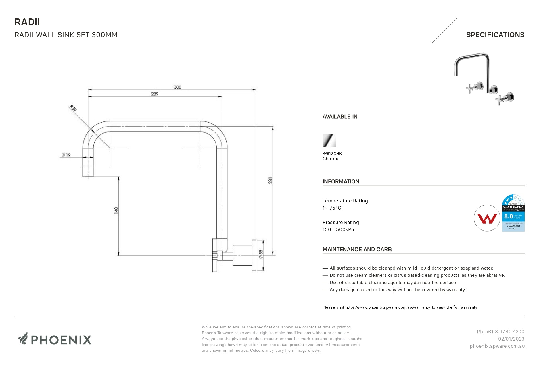 PHOENIX RADII WALL SINK SET 300MM CHROME