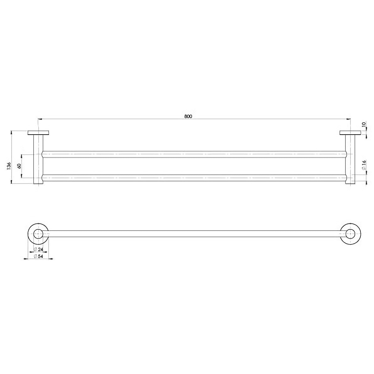 PHOENIX RADII SS 316 DOUBLE NON-HEATED TOWEL RAIL ROUND PLATE STAINLESS STEEL 800MM