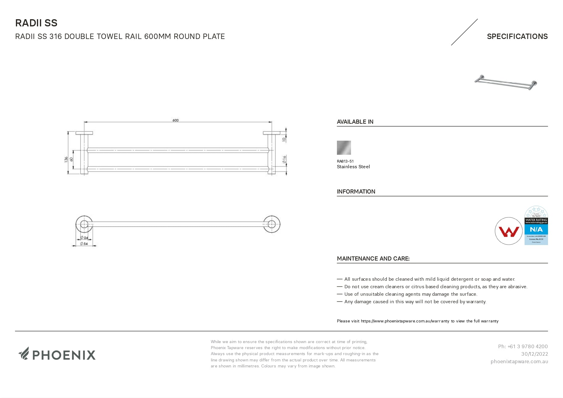 PHOENIX RADII SS 316 DOUBLE NON-HEATED TOWEL RAIL ROUND PLATE STAINLESS STEEL 600MM