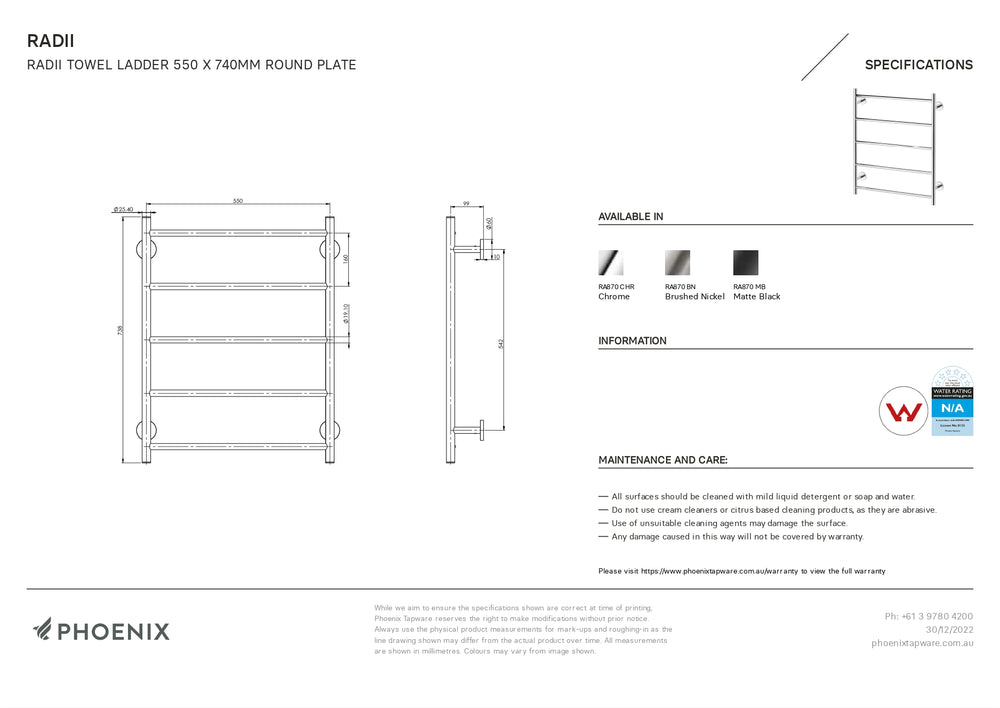 PHOENIX RADII NON-HEATED TOWEL LADDER ROUND PLATE CHROME 550MM X 740MM
