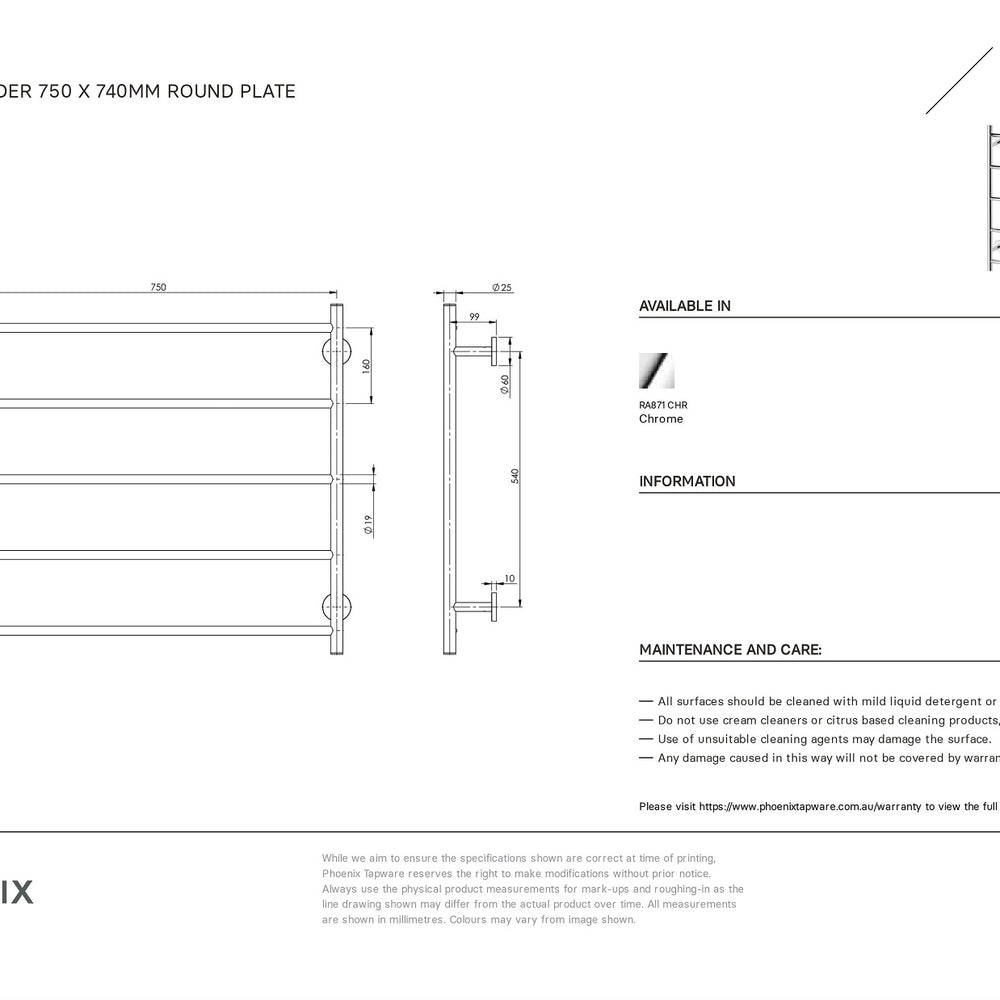 PHOENIX RADII NON-HEATED TOWEL LADDER ROUND PLATE CHROME 750MM X 740MM