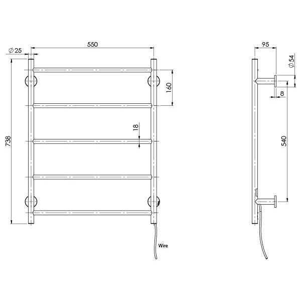 PHOENIX RADII 5-BARS ROUND HEATED TOWEL LADDER W/ ROUND PLATE BRUSHED NICKEL 550MM