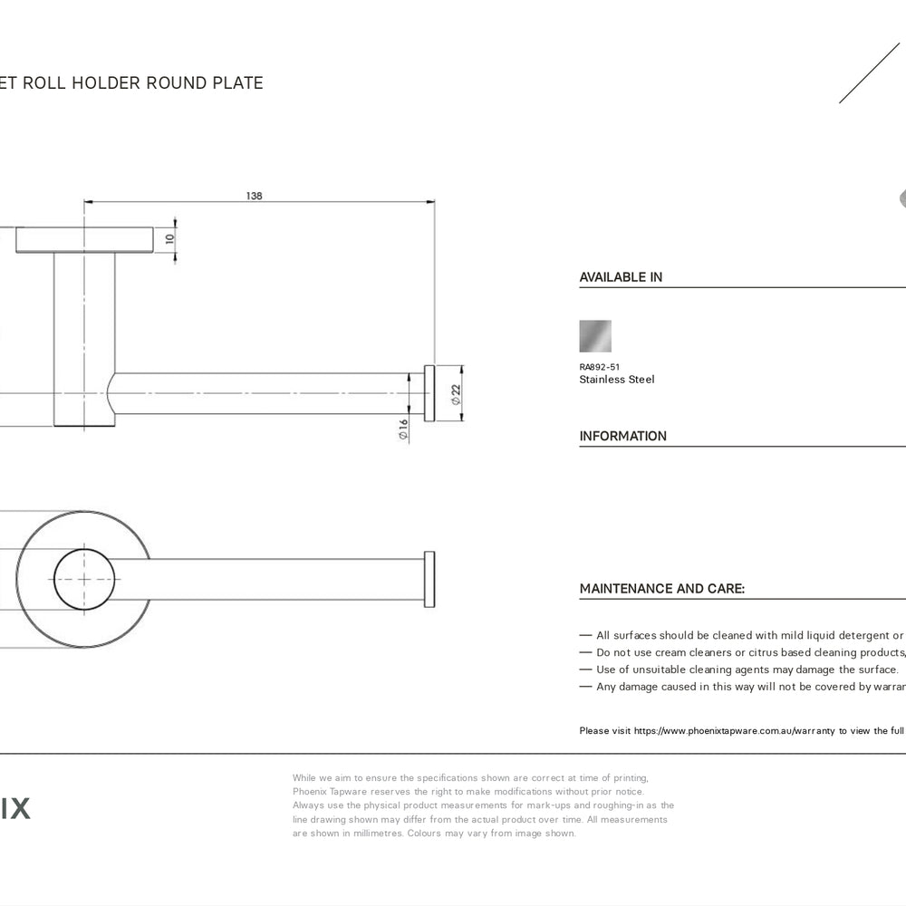 PHOENIX RADII TOILET ROLL HOLDER ROUND PLATE STAINLESS STEEL