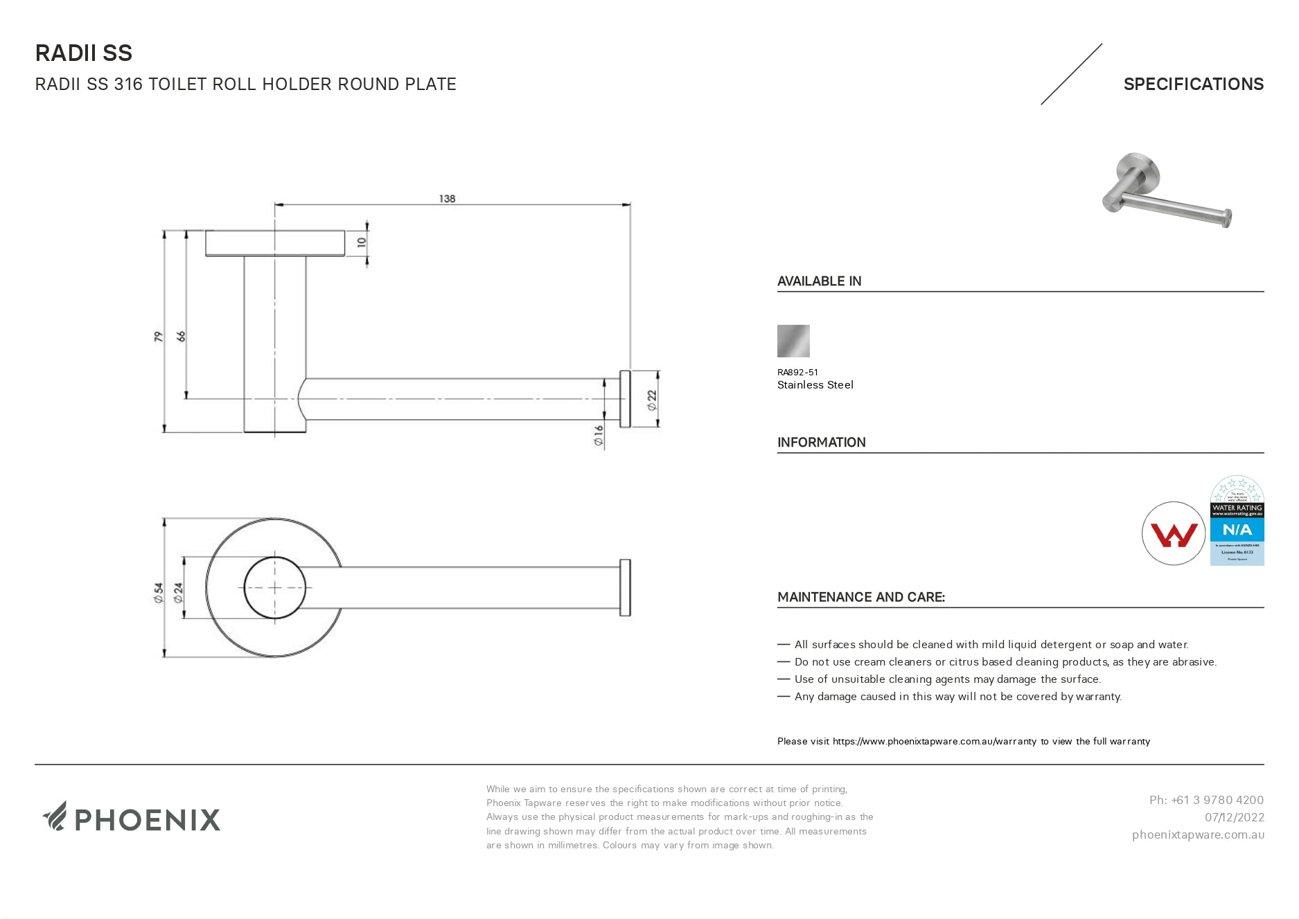 PHOENIX RADII TOILET ROLL HOLDER ROUND PLATE STAINLESS STEEL