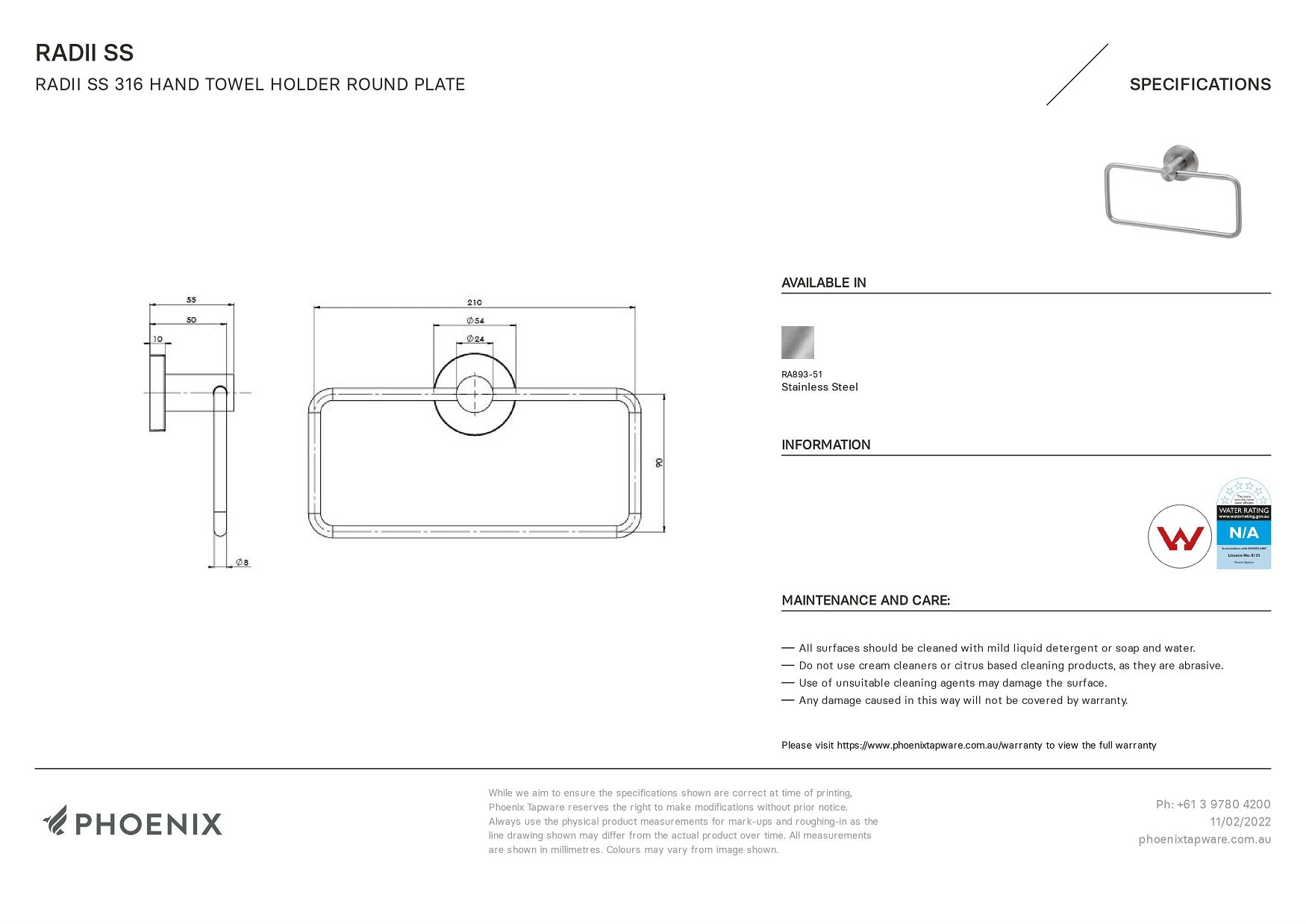 PHOENIX RADII HAND TOWEL HOLDER ROUND PLATE SILVER GREY 210MM