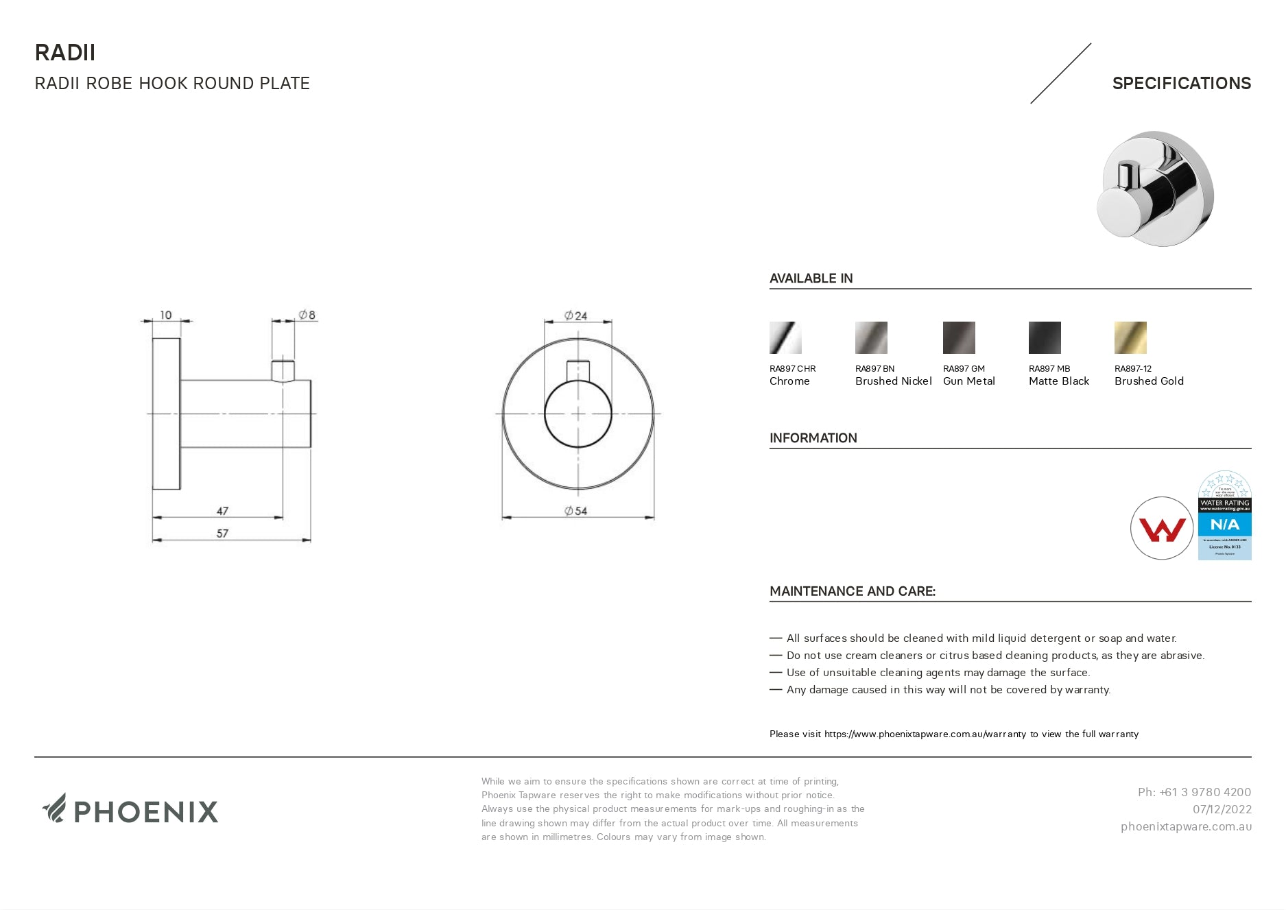 PHOENIX RADII ROBE HOOK ROUND PLATE MATTE BLACK 57MM