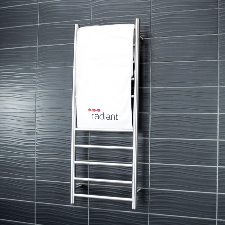 RADIANT HEATING 10-BARS ROUND HEATED TOWEL RAIL LOW VOLTAGE BRUSHED SATIN 430MM