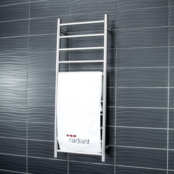 RADIANT HEATING 10-BARS ROUND HEATED TOWEL RAIL LOW VOLTAGE BRUSHED SATIN 430MM