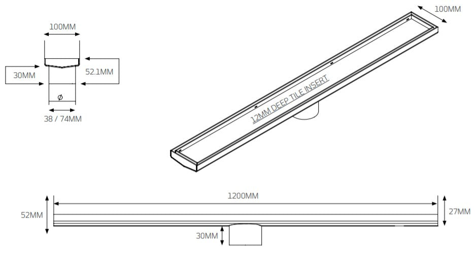 RADIANT HEATING TILE INSERT OUTLET STAINLESS STEEL 1200MM