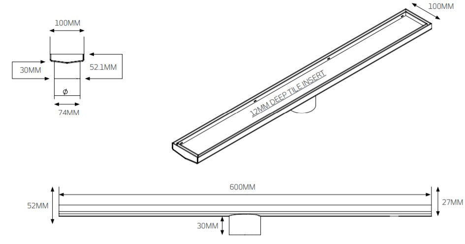 RADIANT HEATING TILE INSERT STAINLESS STEEL 600MM