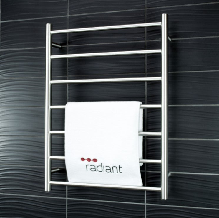 RADIANT HEATING 7-BARS ROUND HEATED TOWEL RAIL LOW VOLTAGE BRUSHED SATIN 600MM