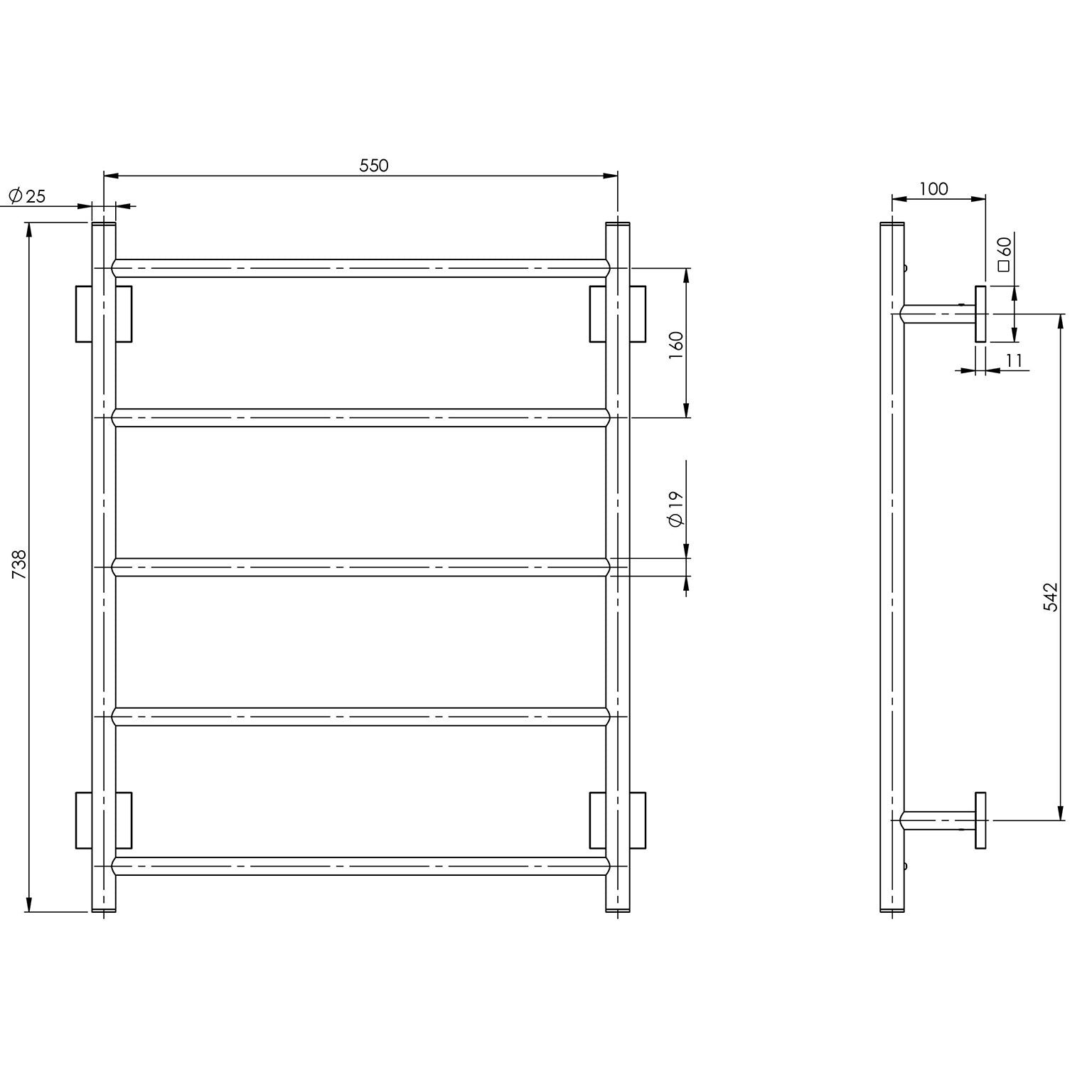 PHOENIX RADII NON-HEATED TOWEL LADDER SQUARE PLATE BRUSHED NICKEL 550MM X 740MM