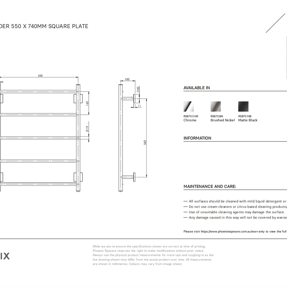 PHOENIX RADII NON-HEATED TOWEL LADDER SQUARE PLATE CHROME 550MM X 740MM