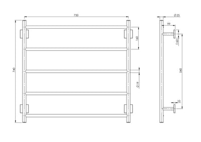 PHOENIX RADII NON-HEATED TOWEL LADDER SQUARE PLATE CHROME 750MM X 740MM