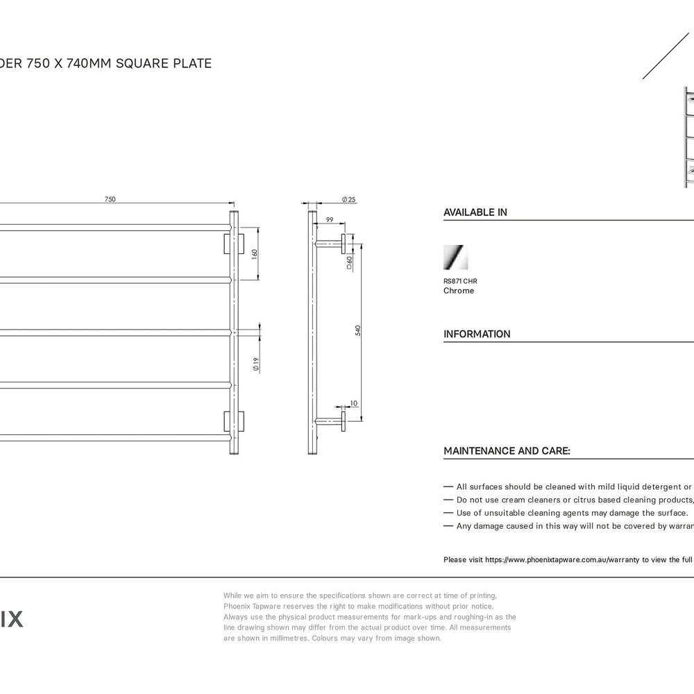 PHOENIX RADII NON-HEATED TOWEL LADDER SQUARE PLATE CHROME 750MM X 740MM