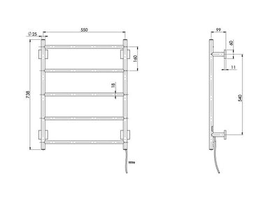 PHOENIX RADII 5-BARS ROUND HEATED TOWEL LADDER W/ SQUARE PLATE CHROME 550MM