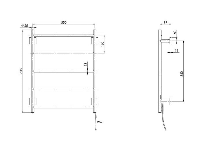 PHOENIX RADII 5-BARS ROUND HEATED TOWEL LADDER W/ SQUARE PLATE CHROME 550MM