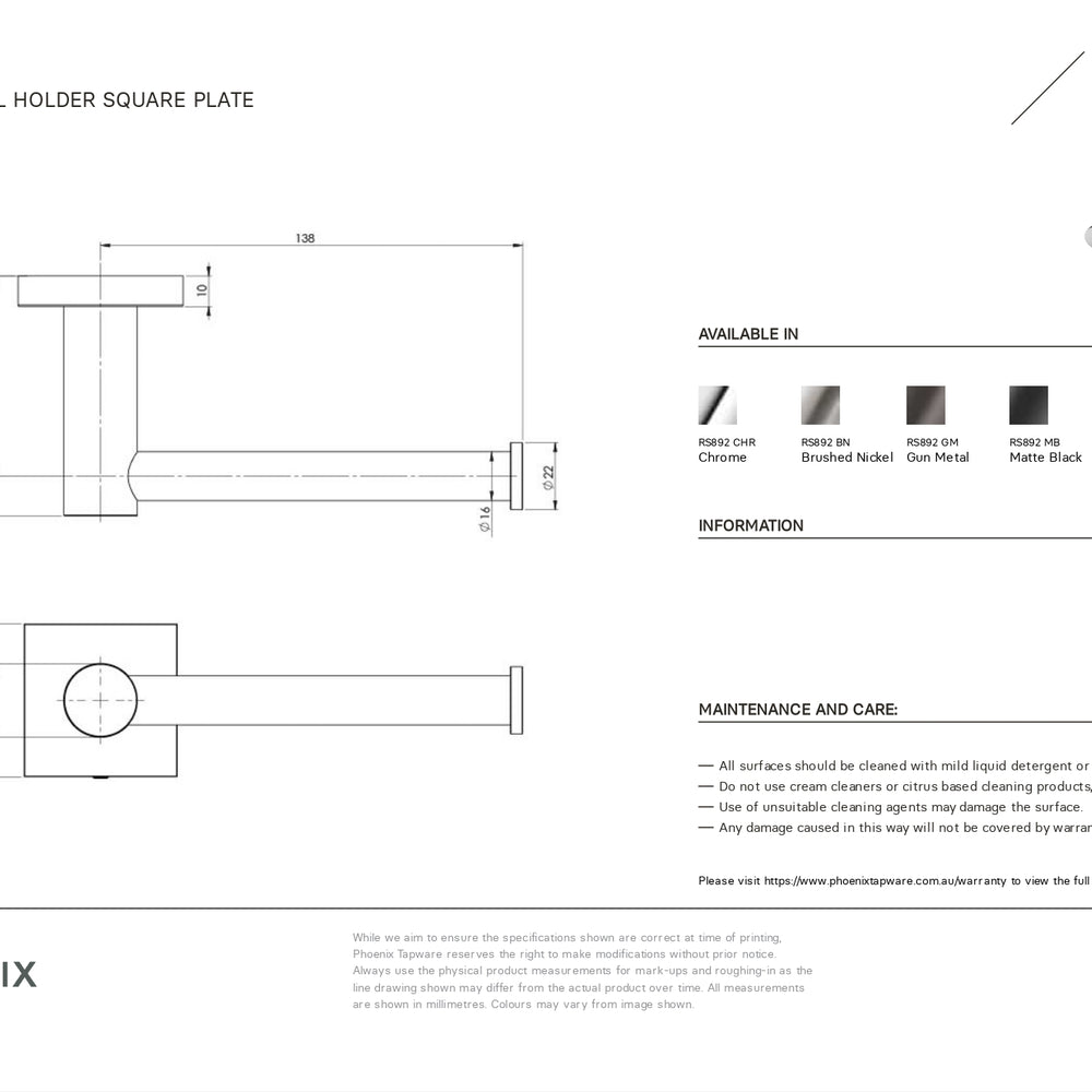 PHOENIX RADII TOILET ROLL HOLDER SQUARE PLATE CHROME 138MM