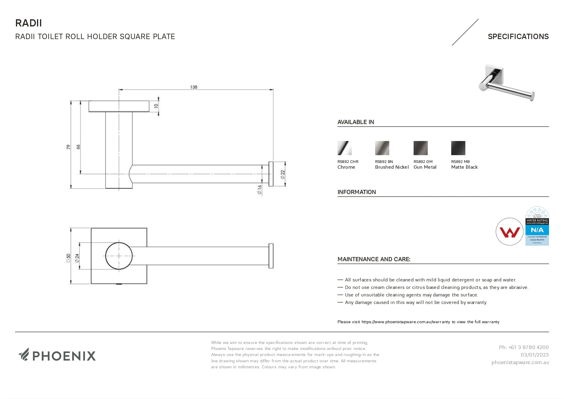 PHOENIX RADII TOILET ROLL HOLDER SQUARE PLATE 138MM MATTE BLACK