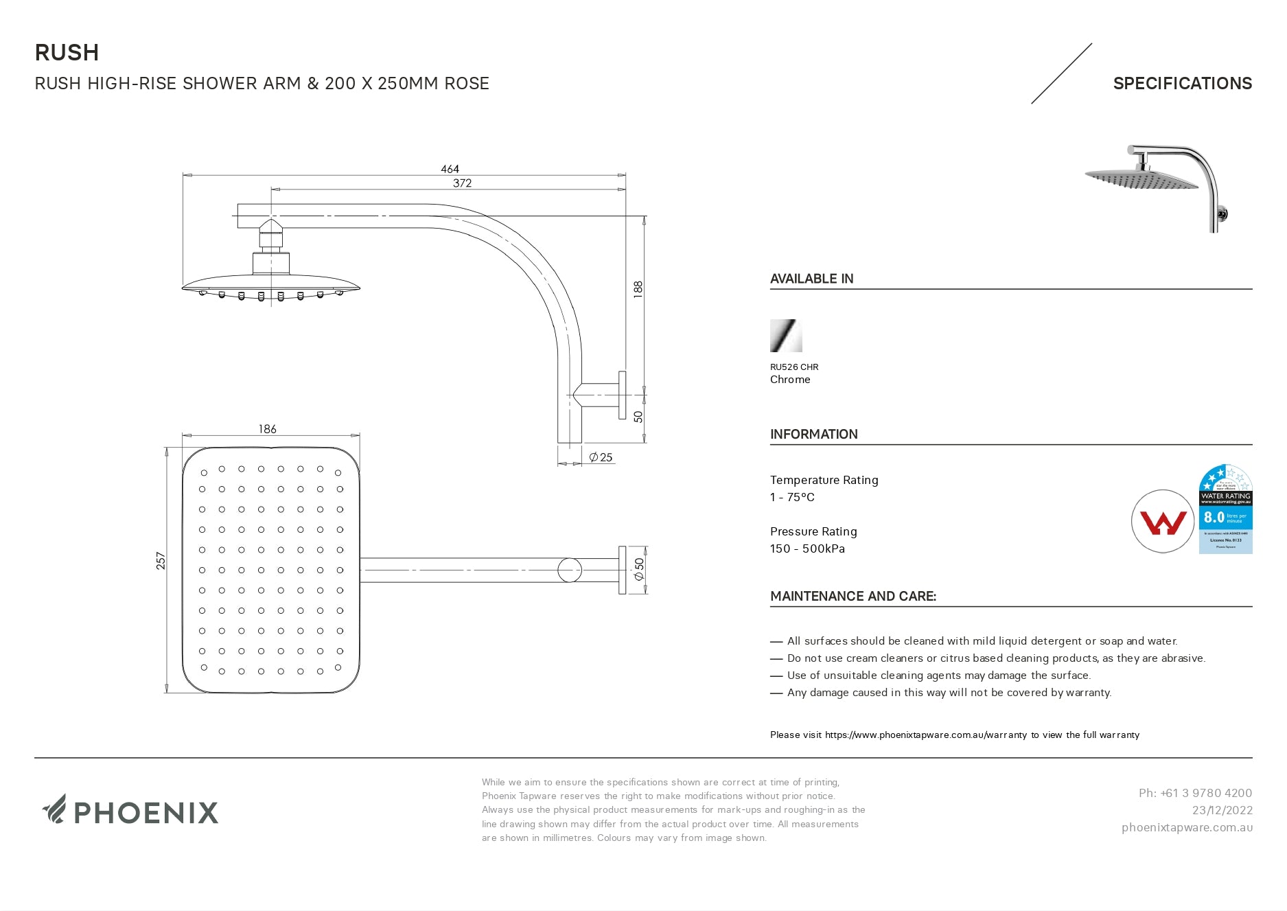 PHOENIX RUSH HIGH-RISE SHOWER ARM AND ROSE 250MM CHROME