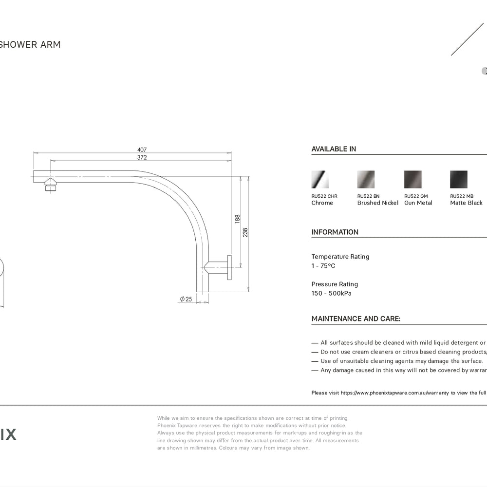 PHOENIX RUSH HIGH-RISE SHOWER ARM 400MM MATTE BLACK