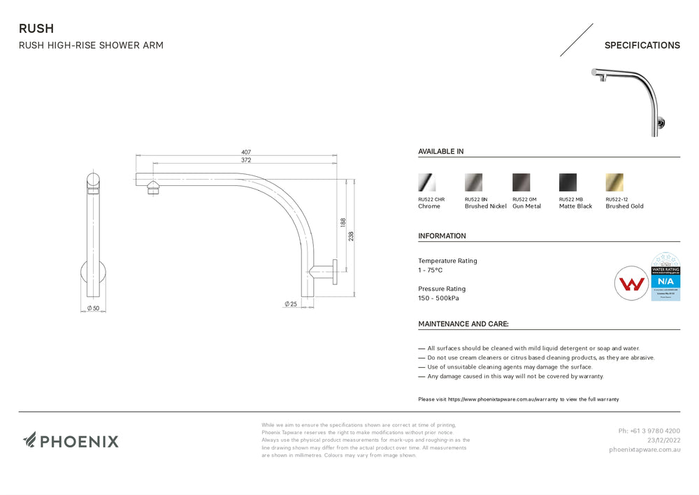 PHOENIX RUSH HIGH-RISE SHOWER ARM 400MM BRUSHED NICKEL