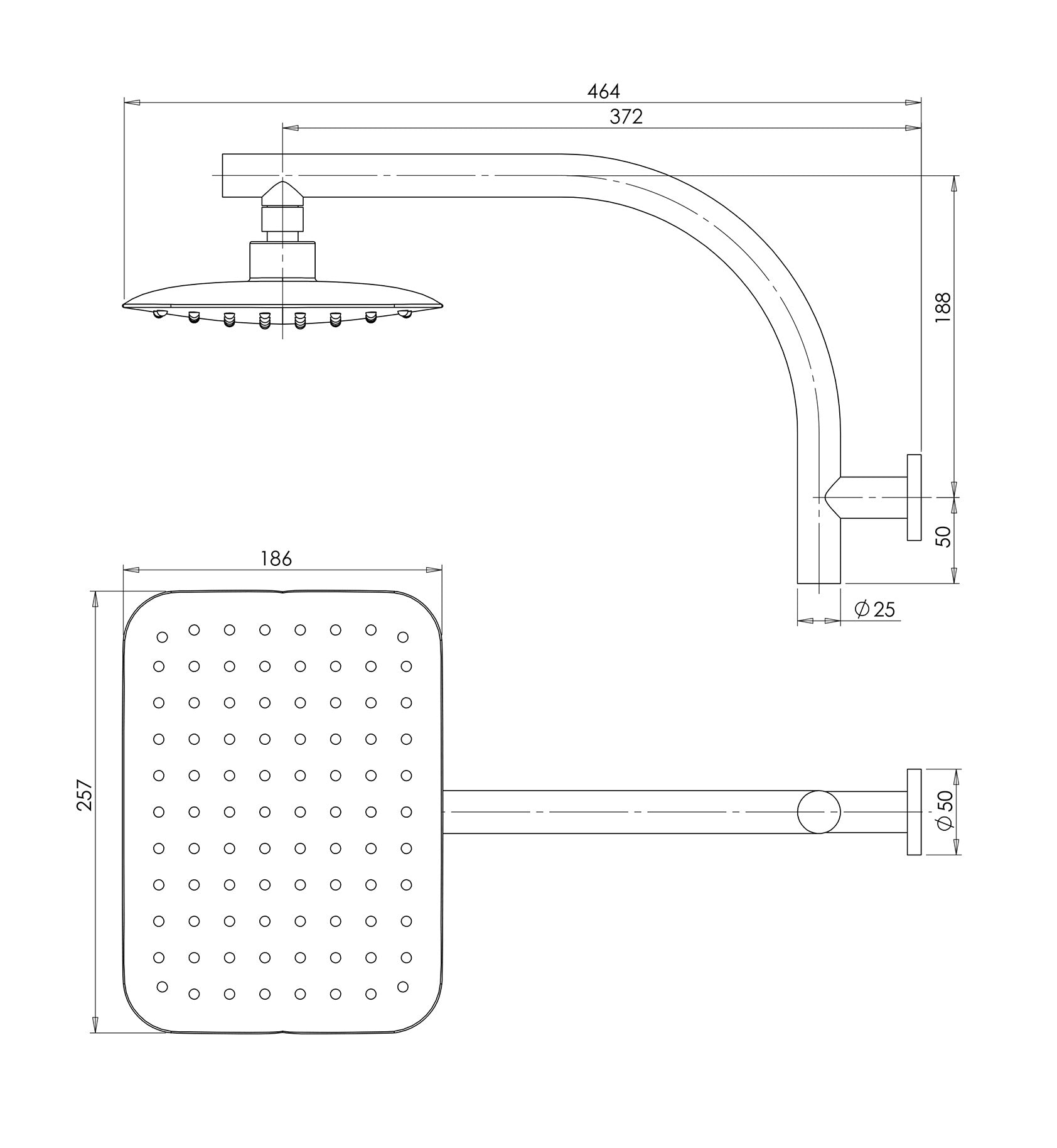 PHOENIX RUSH HIGH-RISE SHOWER ARM AND ROSE 250MM CHROME