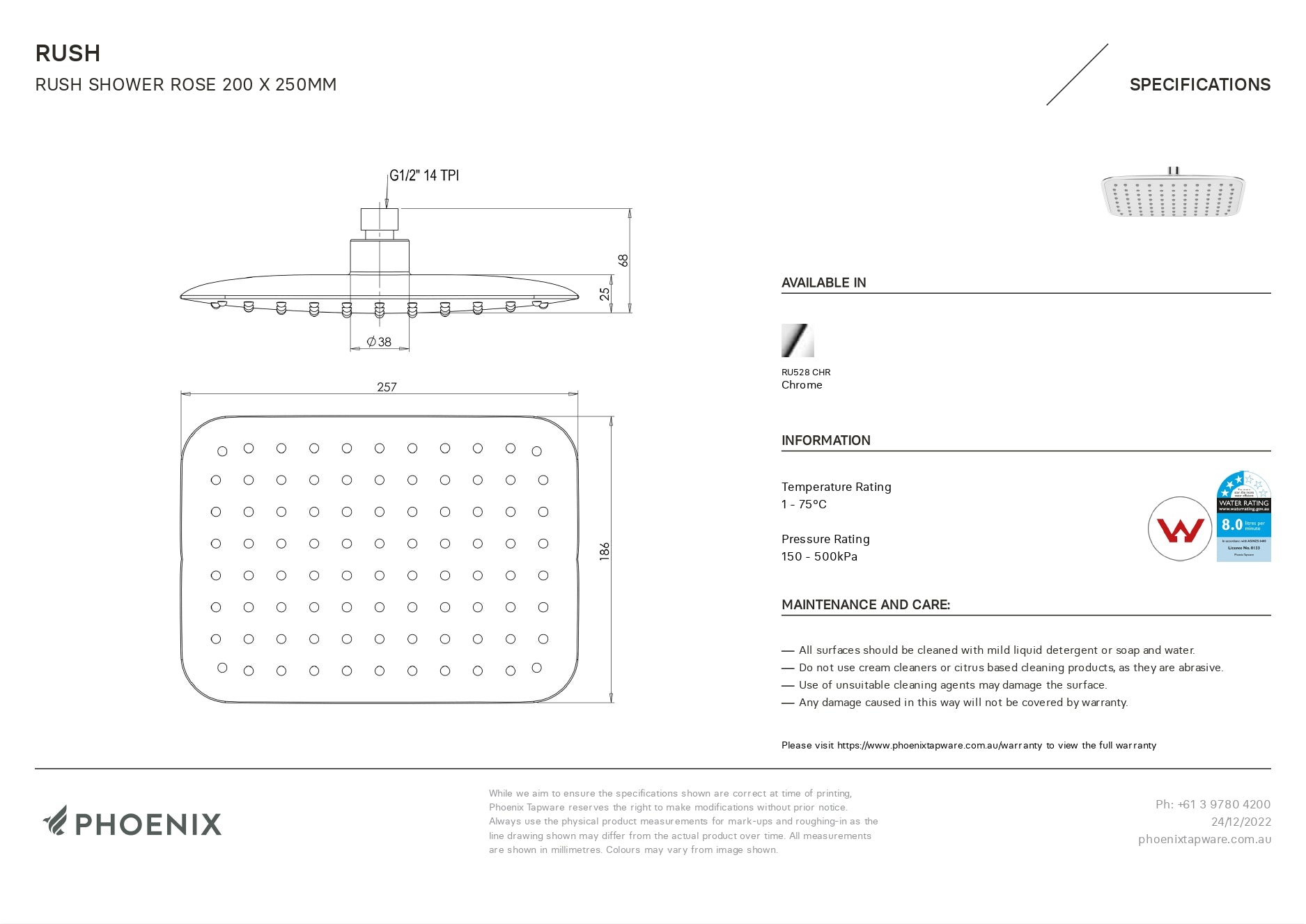PHOENIX RUSH SHOWER ROSE CHROME 257MM X 186MM