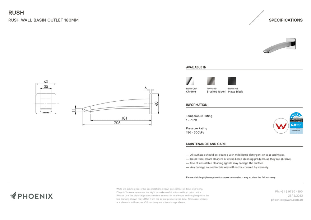 PHOENIX RUSH WALL OUTLET 180MM MATTE BLACK
