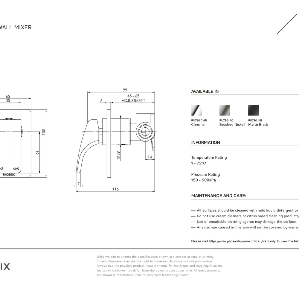 PHOENIX RUSH SHOWER / WALL MIXER MATTE BLACK