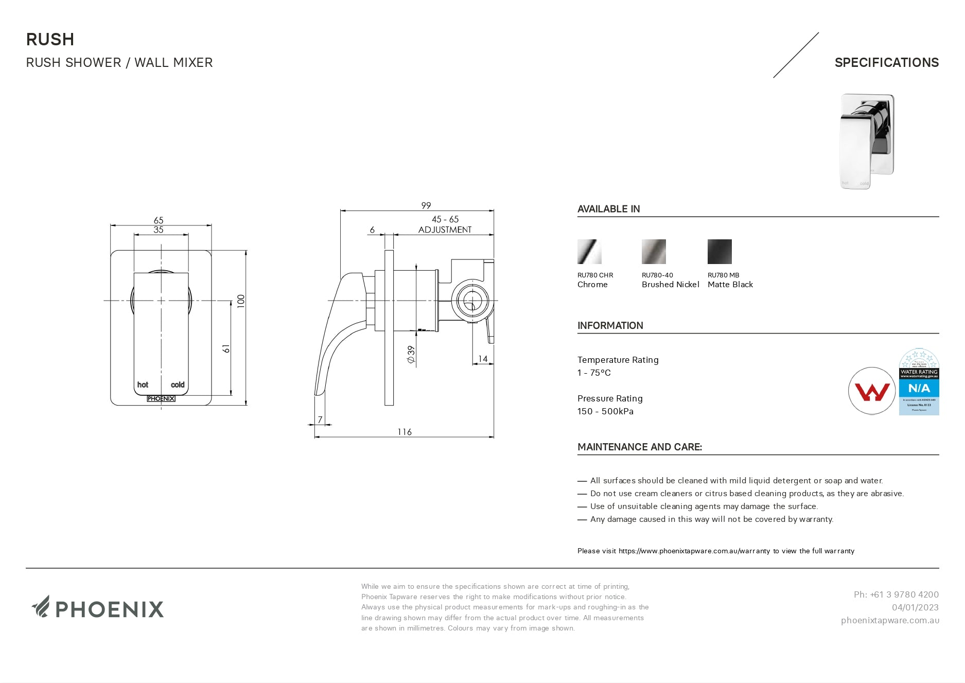 PHOENIX RUSH SHOWER / WALL MIXER MATTE BLACK