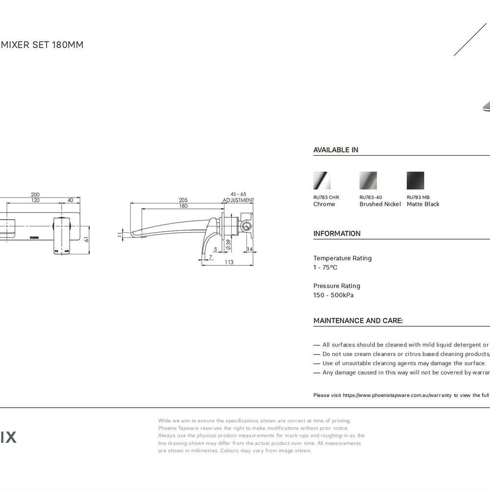 PHOENIX RUSH WALL BATH MIXER SET 180MM CHROME