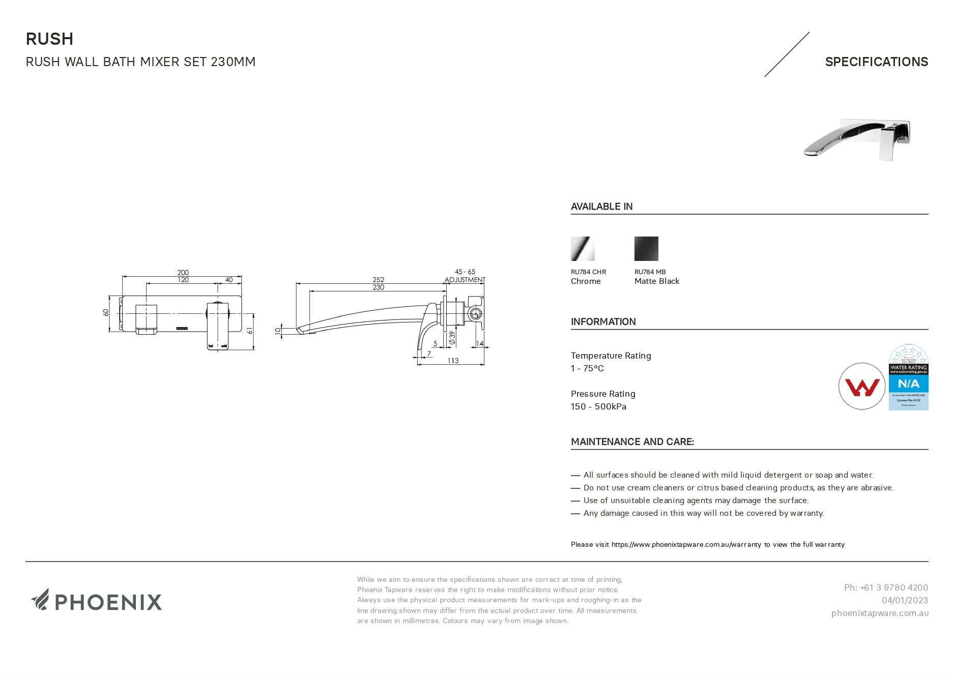 PHOENIX RUSH WALL BATH MIXER SET 230MM MATTE BLACK
