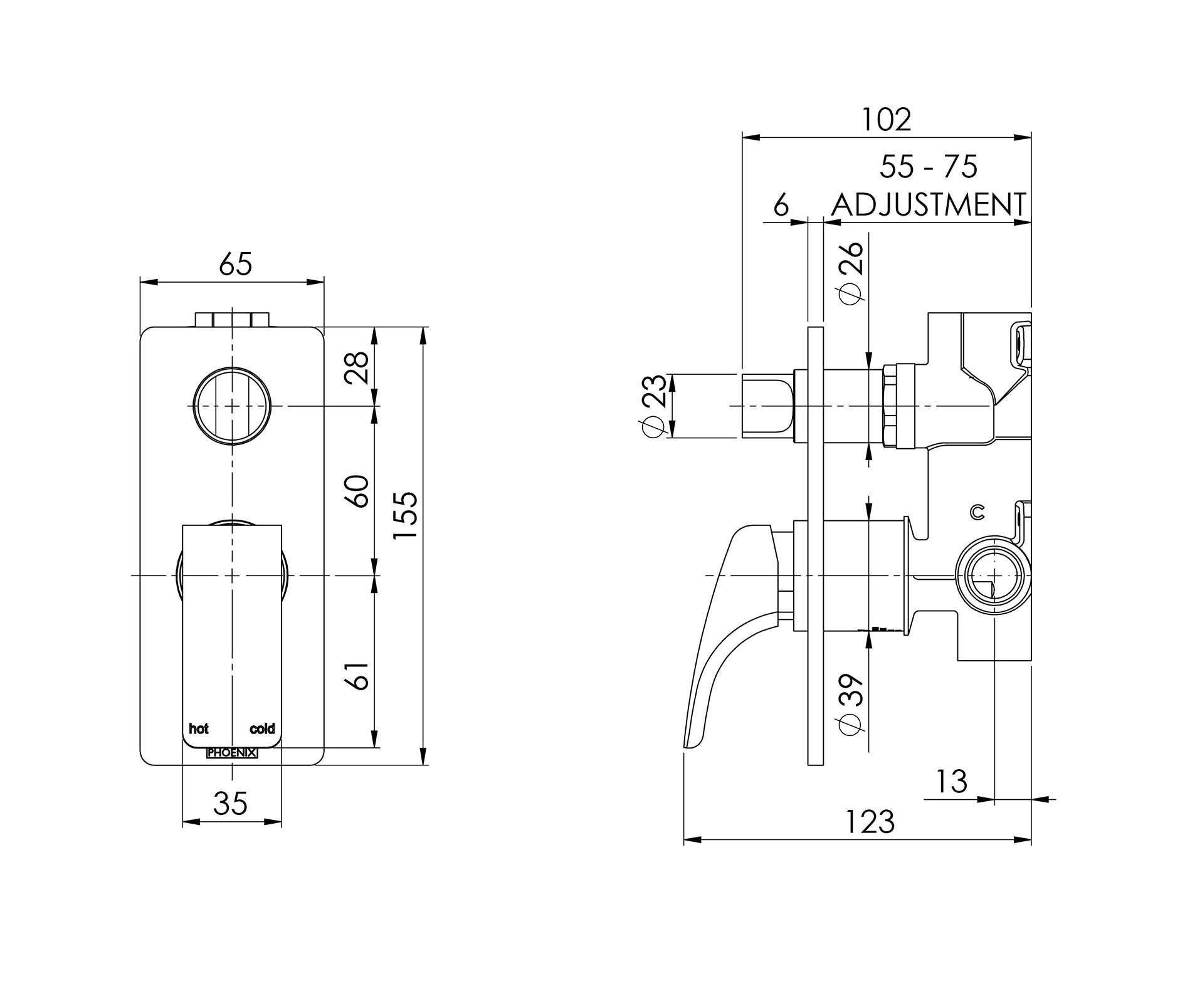 PHOENIX RUSH SHOWER / BATH DIVETER MIXER MATTE BLACK