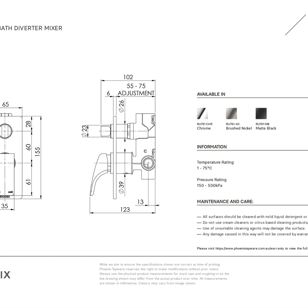 PHOENIX RUSH SHOWER / BATH DIVERTER MIXER BRUSHED NICKEL