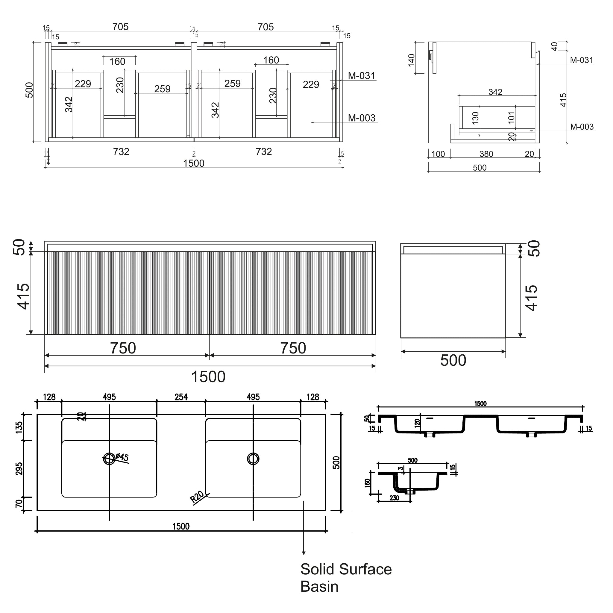 BELBAGNO RIMINI RAIN FOREST 1500MM DOUBLE BOWL WALL HUNG VANITY AND BASIN
