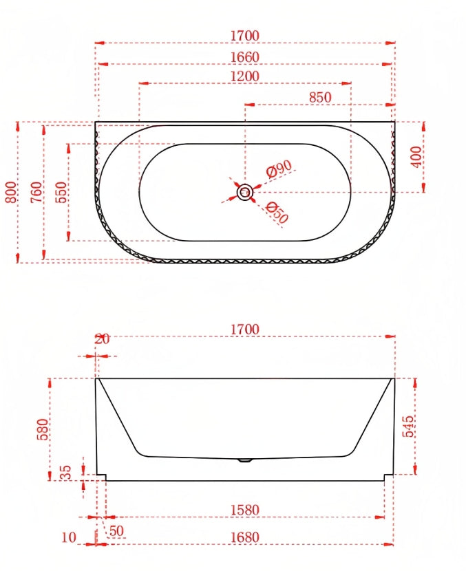 RIVA ROMA FLUTED BACK TO WALL BATHTUB GLOSS WHITE (AVAILABLE IN 1500MM AND 1700MM)