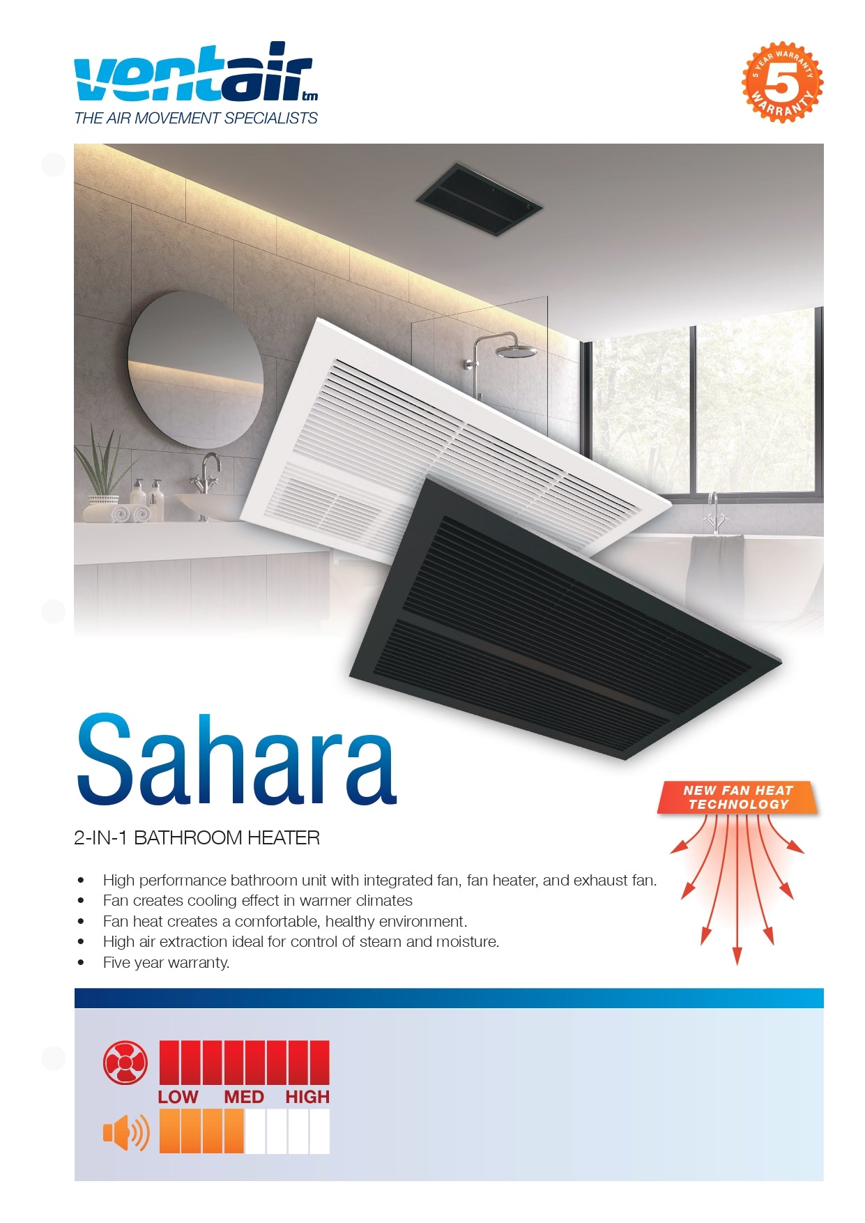 VENTAIR SAHARA HIGH PERFORMANCE 2 IN 1 BATHROOM UNIT WITH INTEGRATED FAN,HEAT AND EXHAUST FAN WHITE
