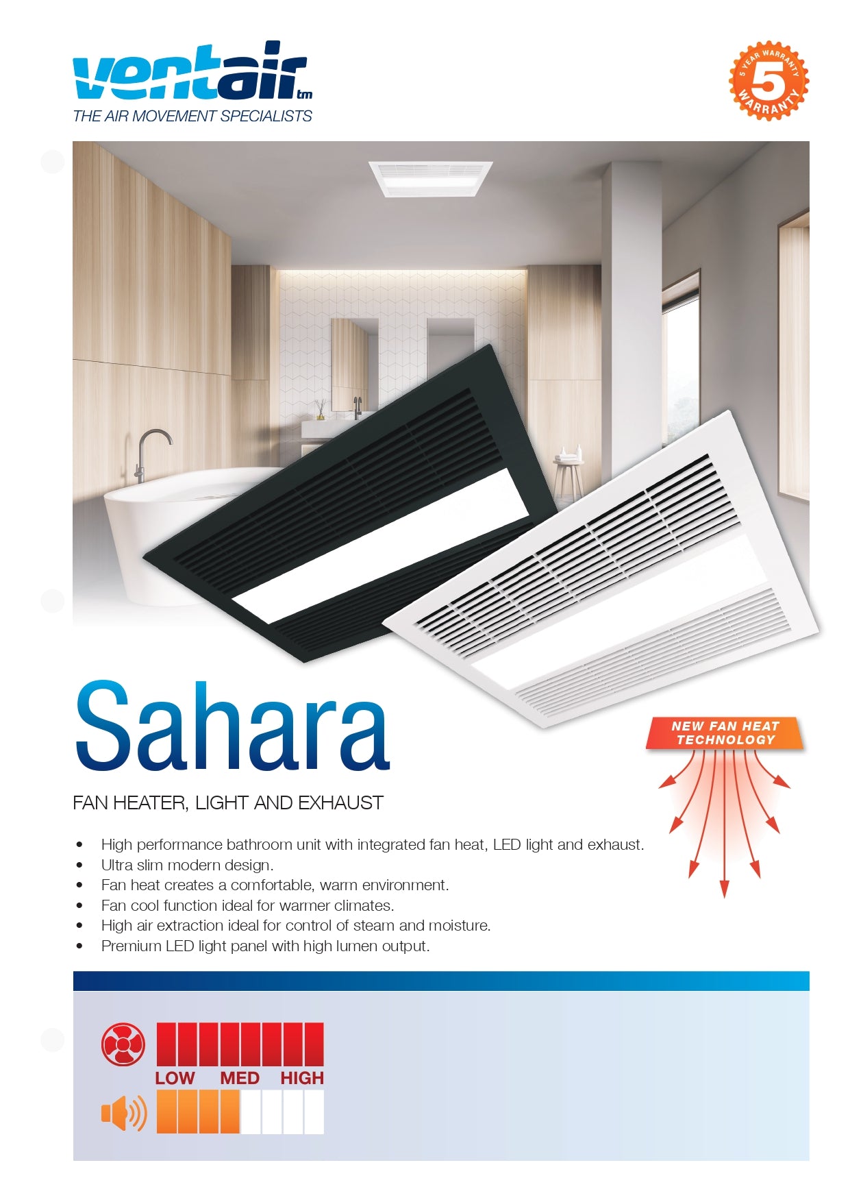 VENTAIR SAHARA HIGH PERFORMANCE 4 IN 1 BATHROOM UNIT WITH INTEGRATED FAN, HEAT, LED LIGHT AND EXHAUST FAN WHITE